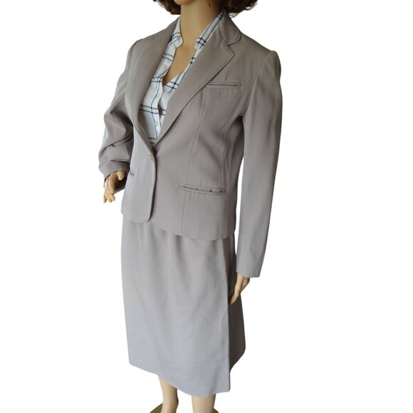 Vintage 90s Neiman Marcus Taupe 100% Wool Skirt Suit Set Women Modern Small Neut - Picture 3 of 13